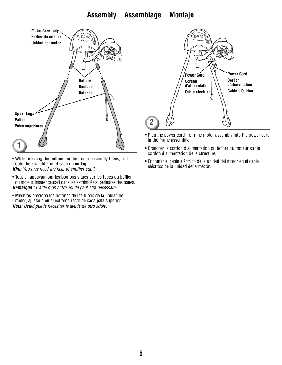 Assembly assemblage montaje 1 2 | Fisher-Price T1456 User Manual | Page 6 / 24