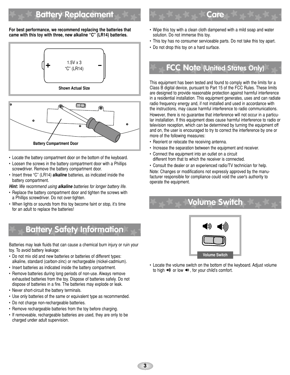 Battery replacement, Care, Volume switch | United states only) | Fisher-Price B0846 User Manual | Page 3 / 6