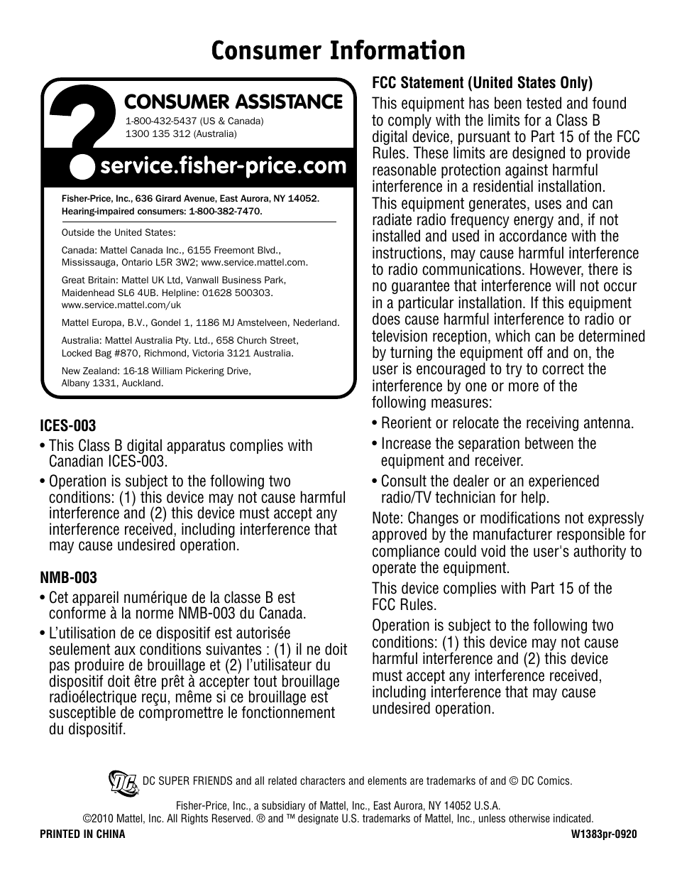 Consumer information, Consumer assistance | Fisher-Price W1383 User Manual | Page 4 / 4