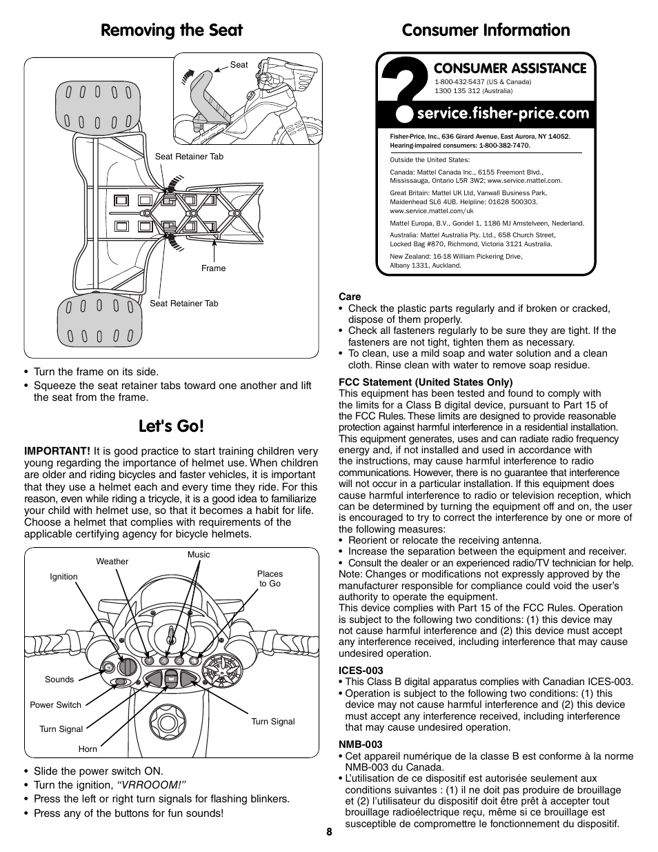 Removing the seat let's go! consumer information, Consumer assistance | Fisher-Price DORA THE EXPLORER T6197 User Manual | Page 8 / 8