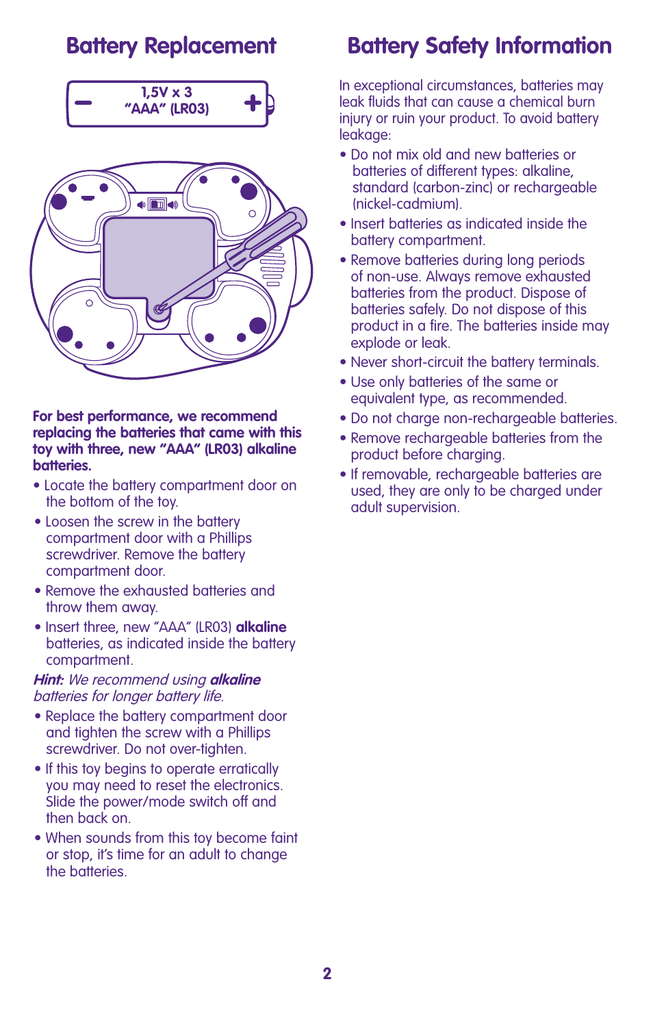 Battery replacement battery safety information | Fisher-Price J2462 User Manual | Page 2 / 4