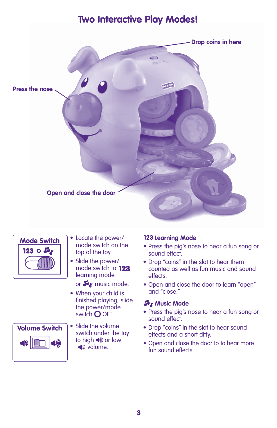 Two interactive play modes | Fisher-Price J2462 User Manual | Page 3 / 4