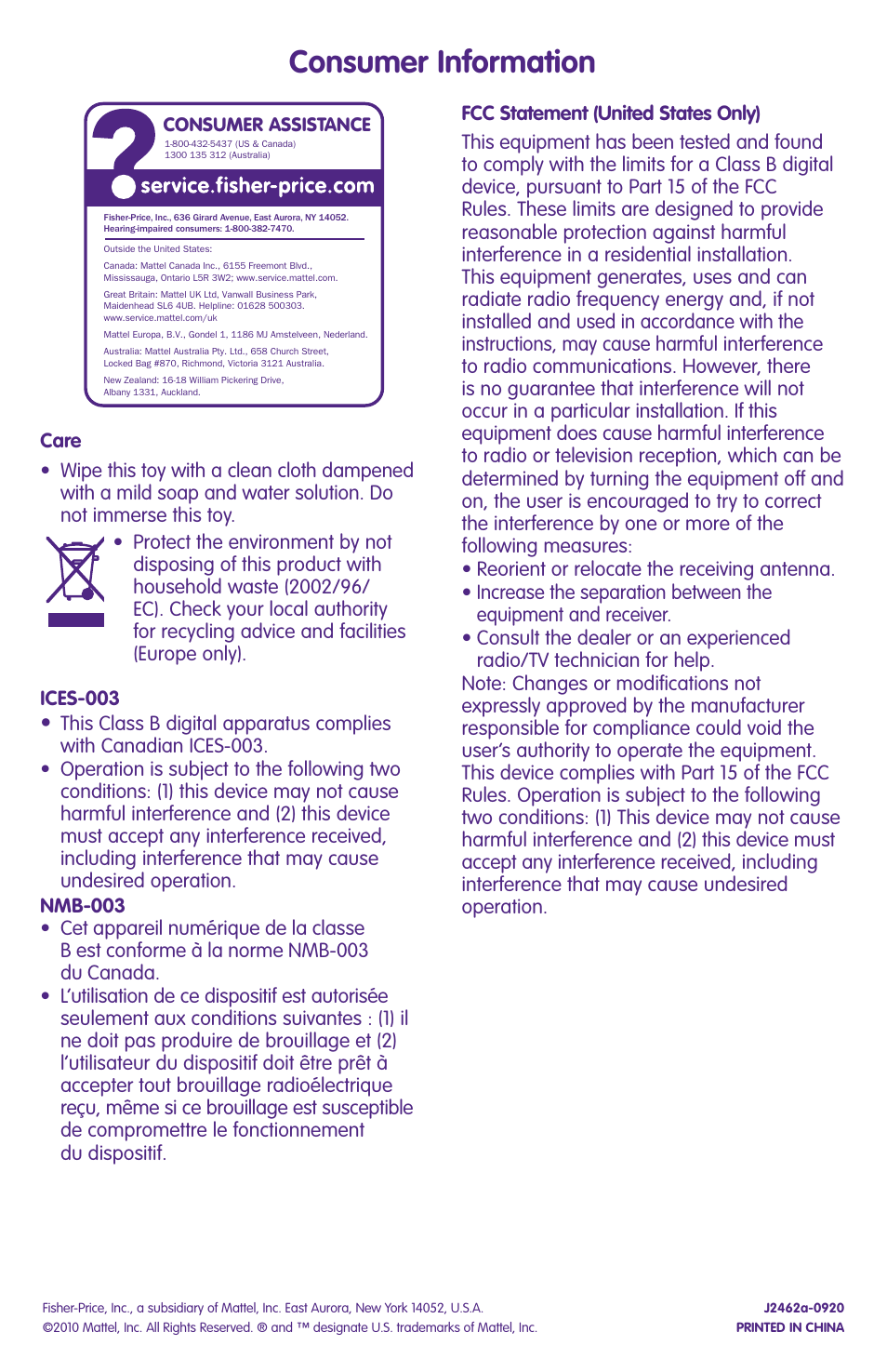 Consumer information, Ices-003 | Fisher-Price J2462 User Manual | Page 4 / 4
