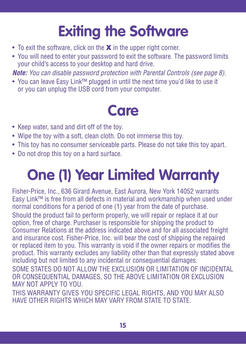Exiting the software, Care, One (1) year limited warranty | Fisher-Price EASY LINK L6367 User Manual | Page 15 / 16