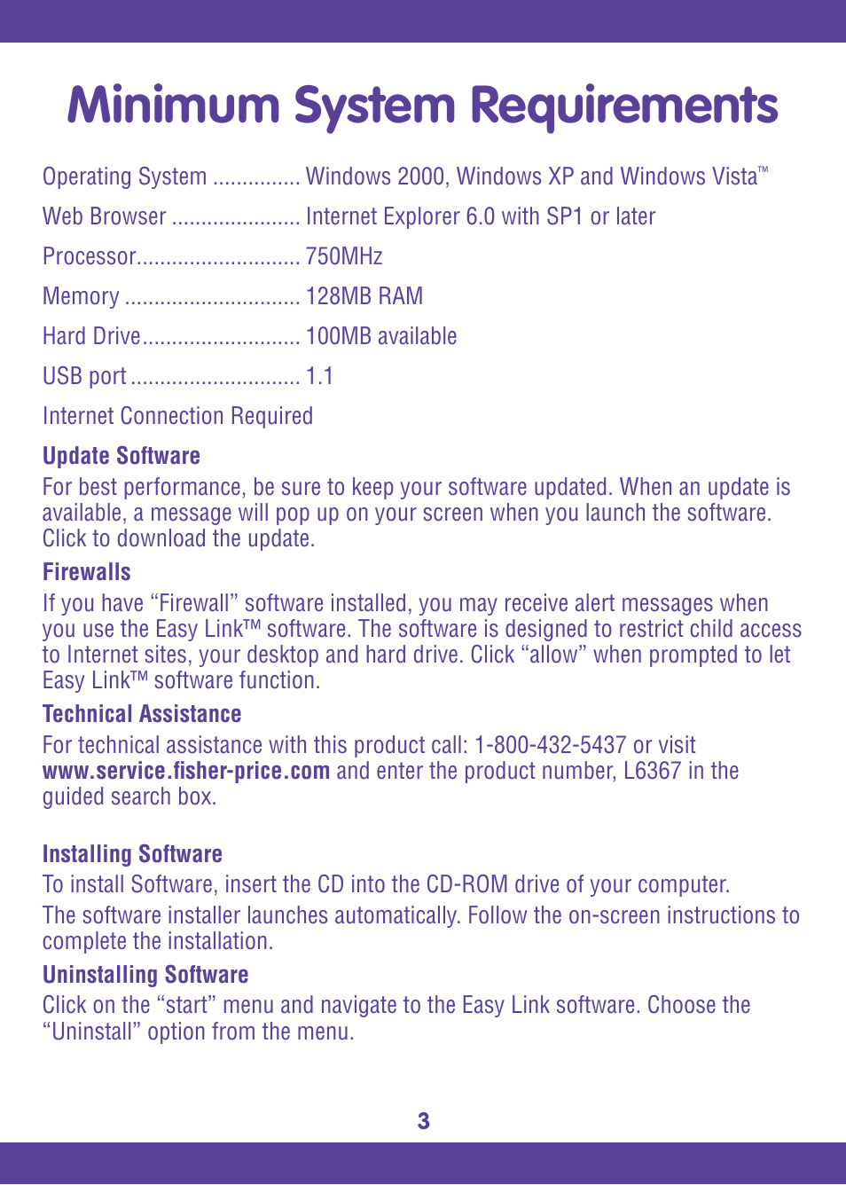 Minimum system requirements | Fisher-Price EASY LINK L6367 User Manual | Page 3 / 16