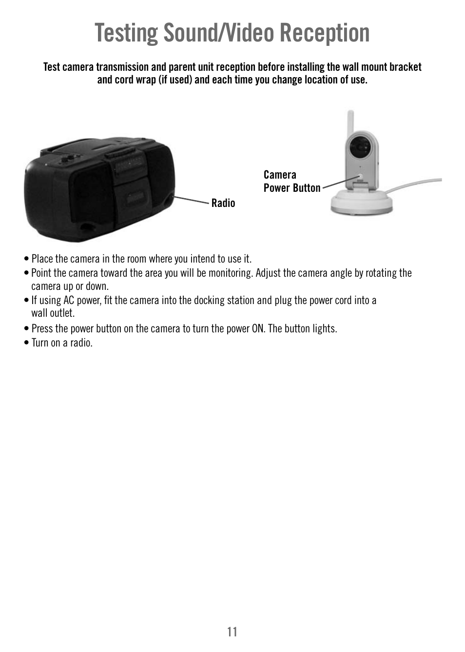 Testing sound/video reception | Fisher-Price T4256 User Manual | Page 11 / 36