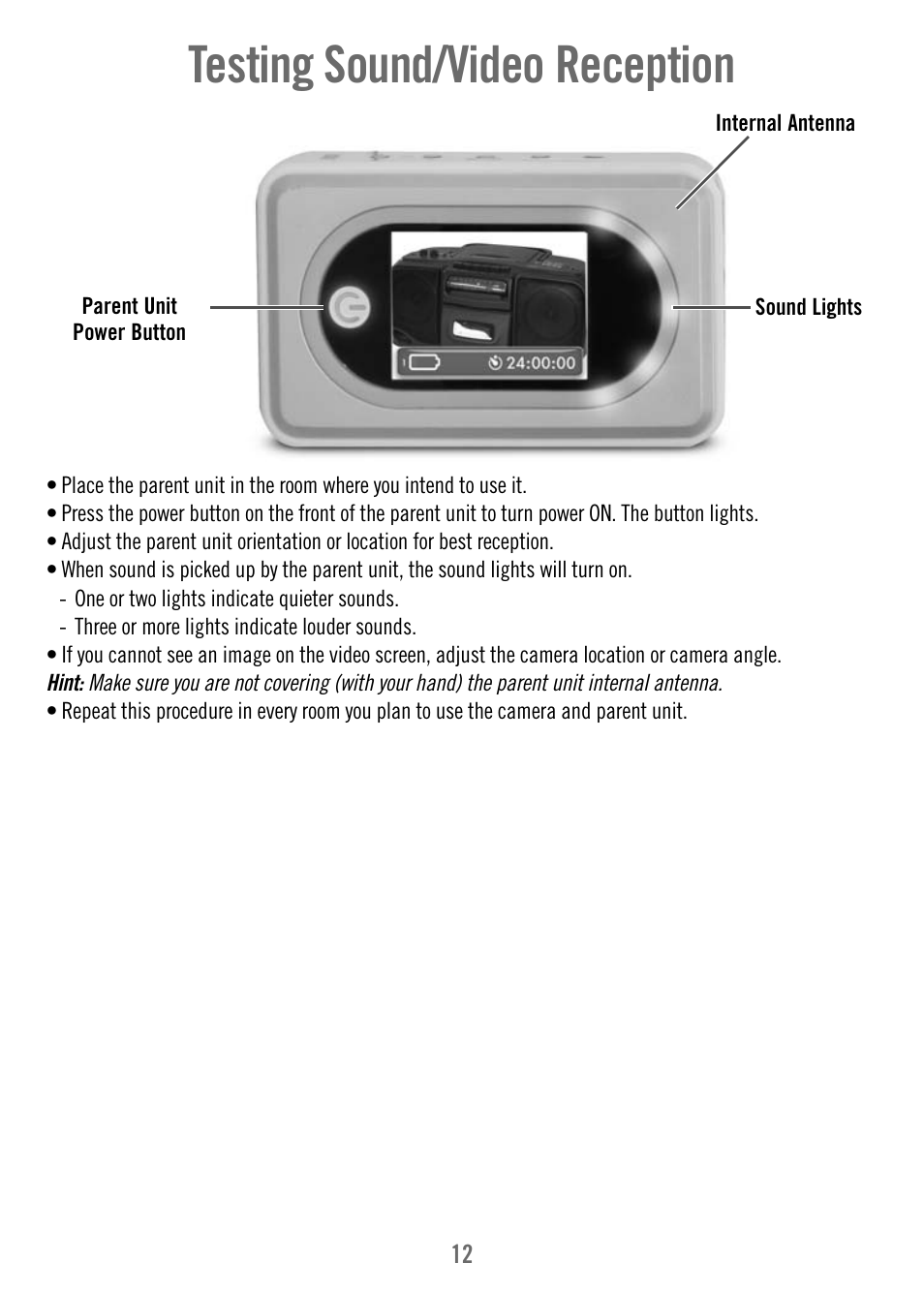 Testing sound/video reception | Fisher-Price T4256 User Manual | Page 12 / 36