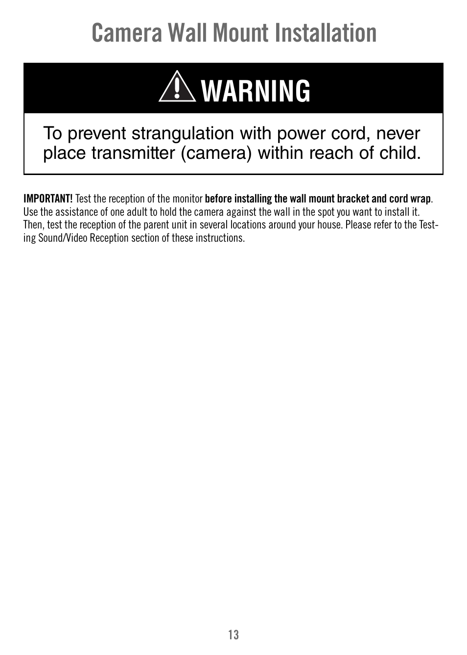 Warning, Camera wall mount installation | Fisher-Price T4256 User Manual | Page 13 / 36