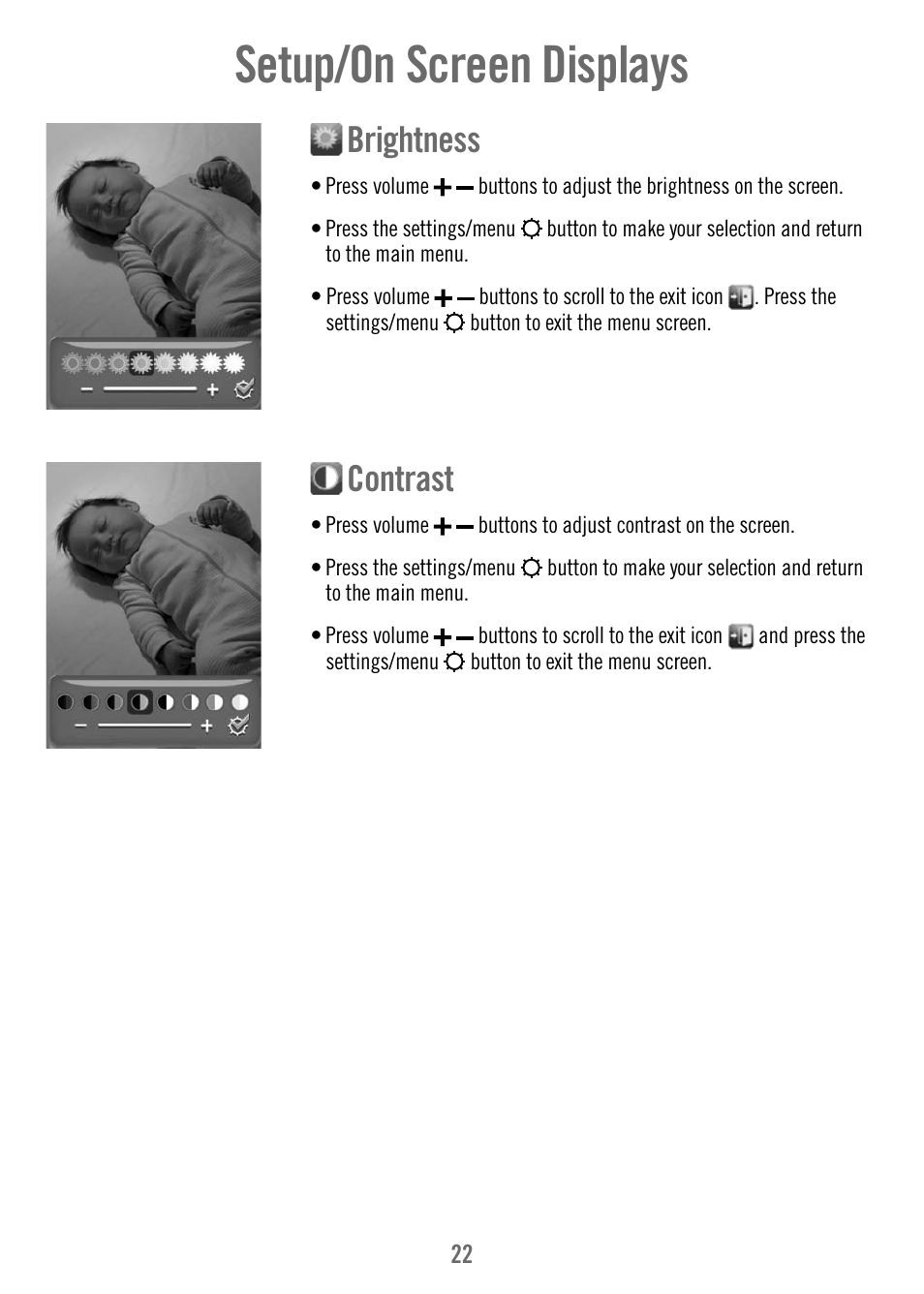 Setup/on screen displays, Brightness, Contrast | Fisher-Price T4256 User Manual | Page 22 / 36