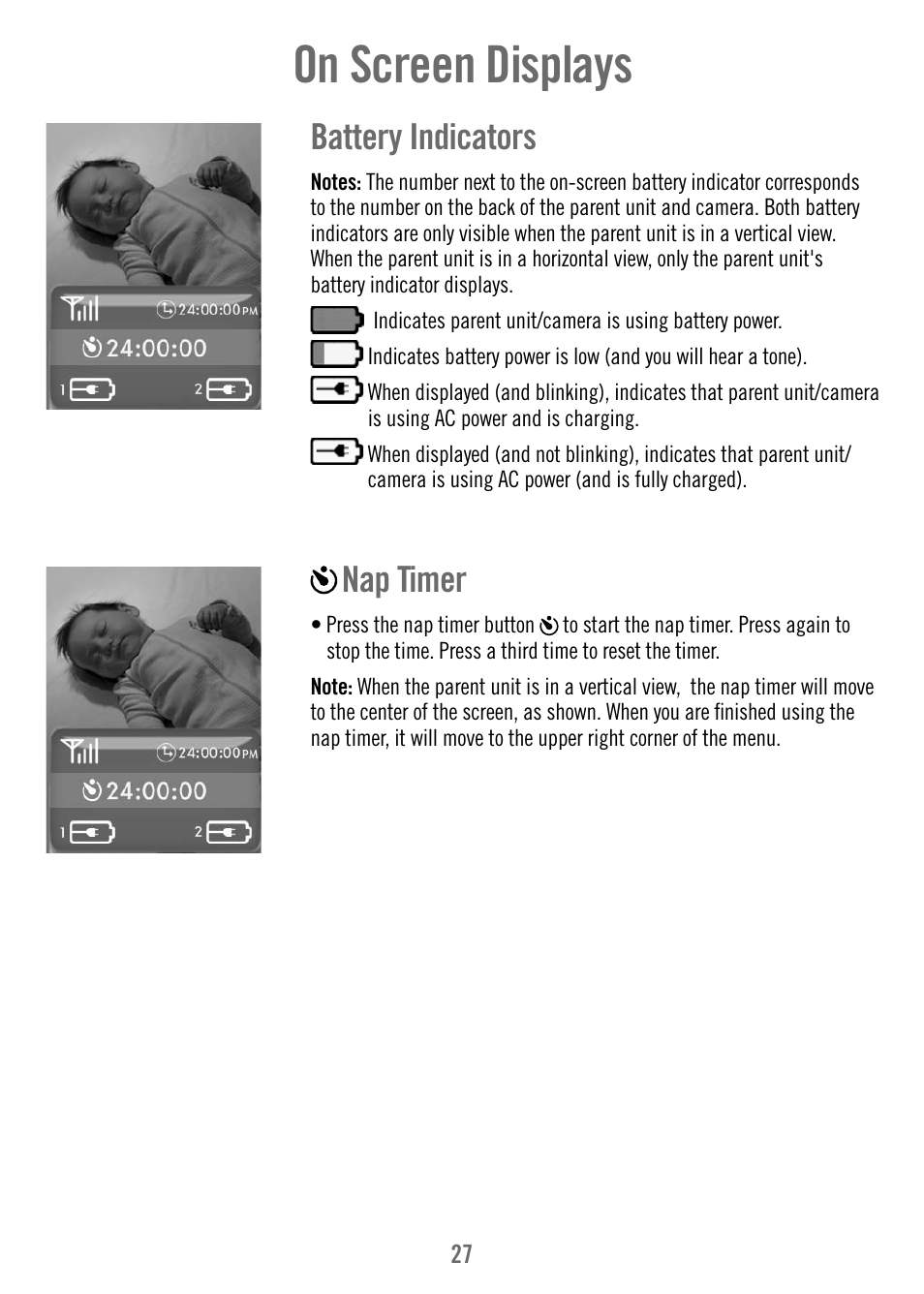 On screen displays, Battery indicators, Nap timer | Fisher-Price T4256 User Manual | Page 27 / 36