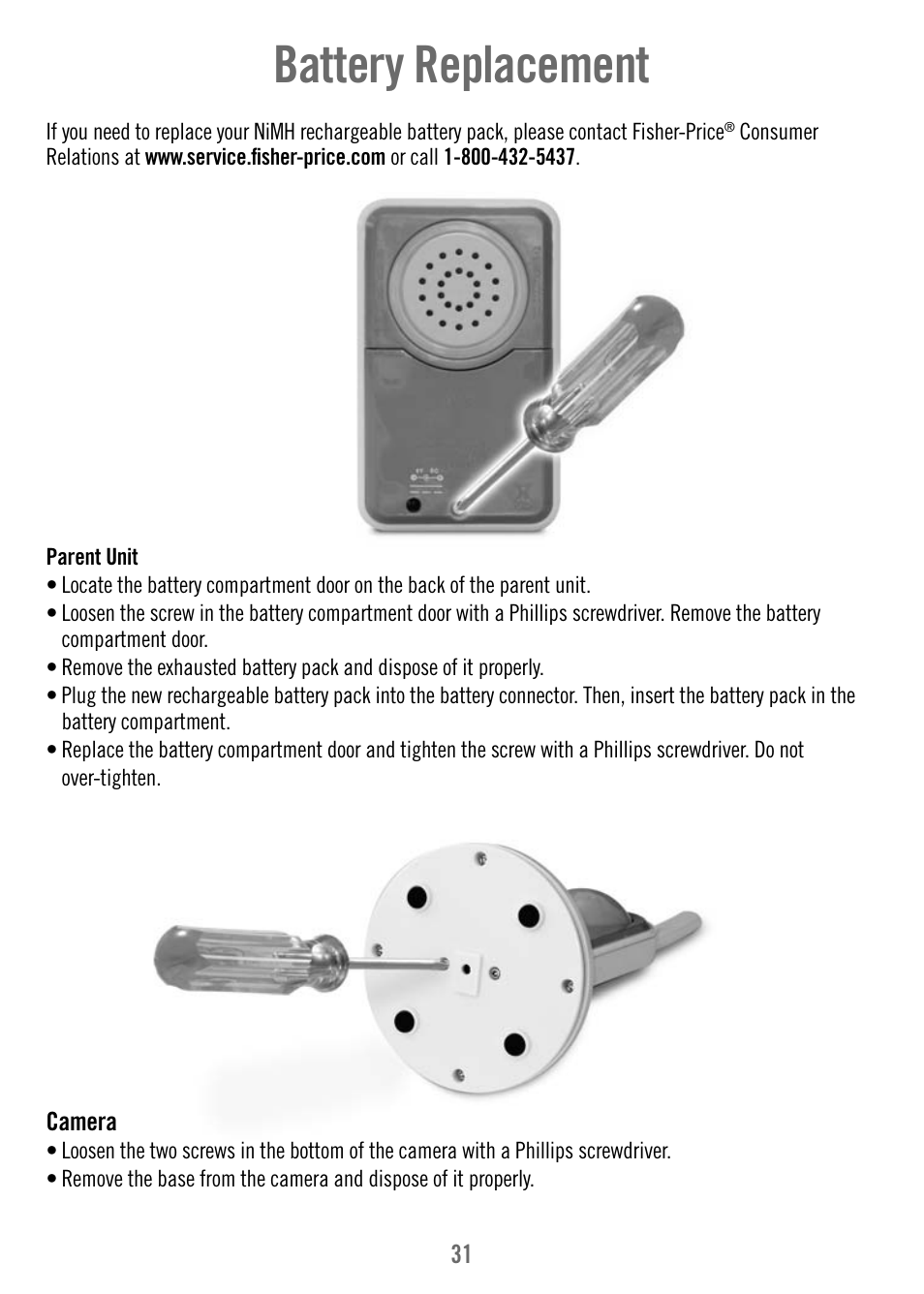 Battery replacement | Fisher-Price T4256 User Manual | Page 31 / 36