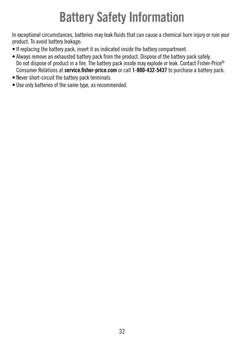 Battery safety information | Fisher-Price T4256 User Manual | Page 32 / 36