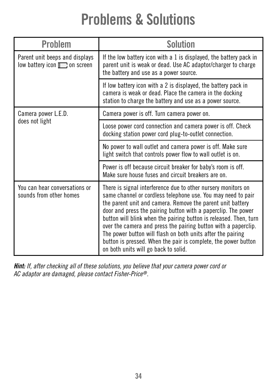 Problems & solutions, Problem solution | Fisher-Price T4256 User Manual | Page 34 / 36