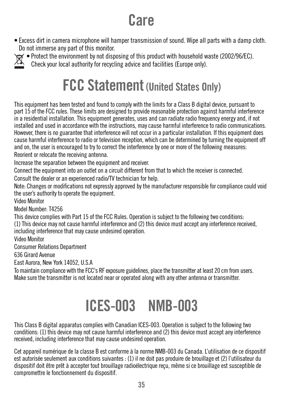 Care, Fcc statement, United states only) | Fisher-Price T4256 User Manual | Page 35 / 36