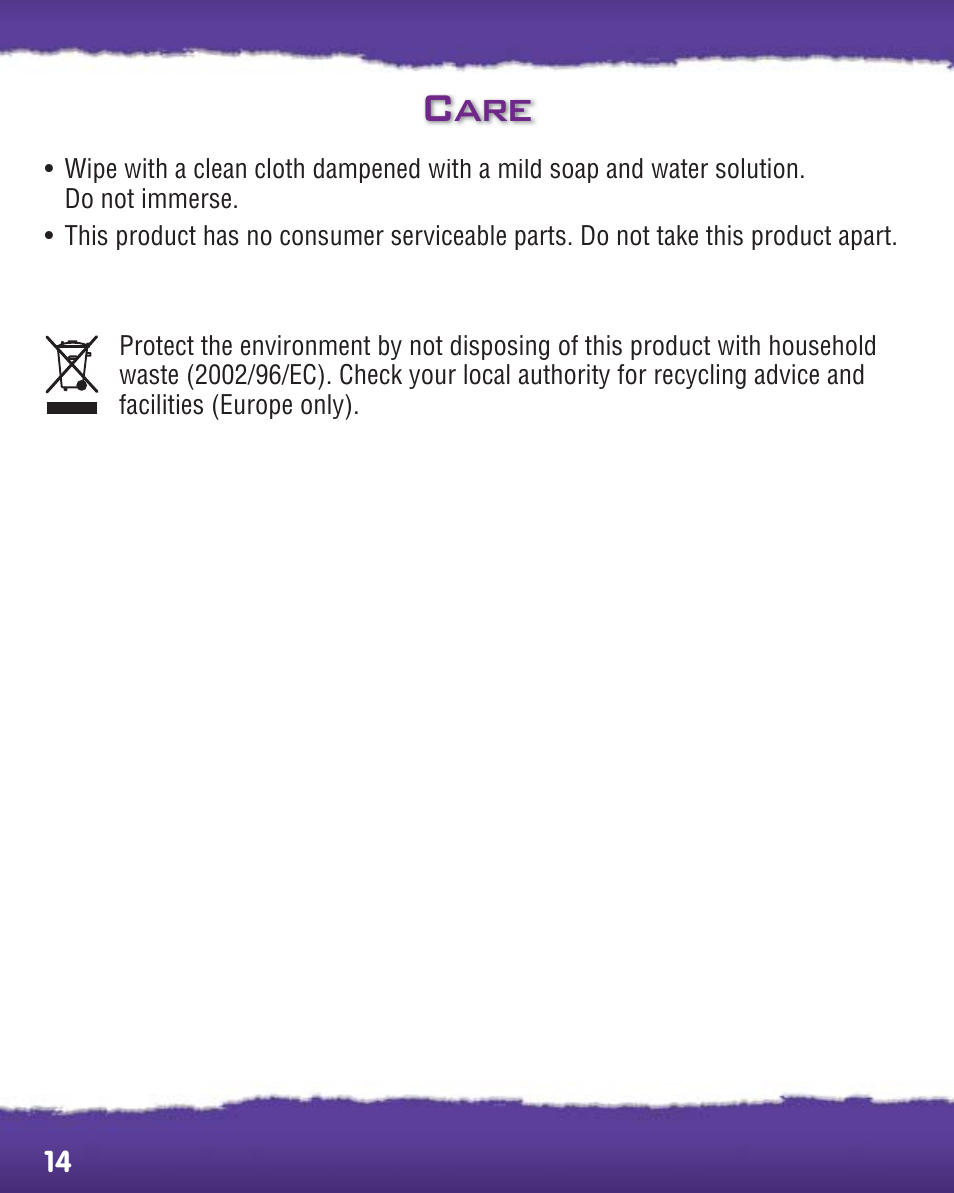 Care | Fisher-Price PHYSICAL LEARNING ARCADE SYSTEM R8127 User Manual | Page 14 / 16