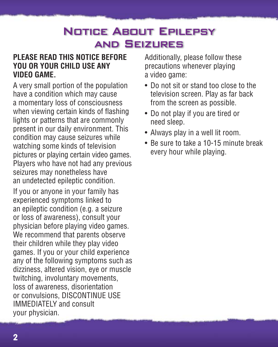 Notice about epilepsy and seizures | Fisher-Price PHYSICAL LEARNING ARCADE SYSTEM R8127 User Manual | Page 2 / 16