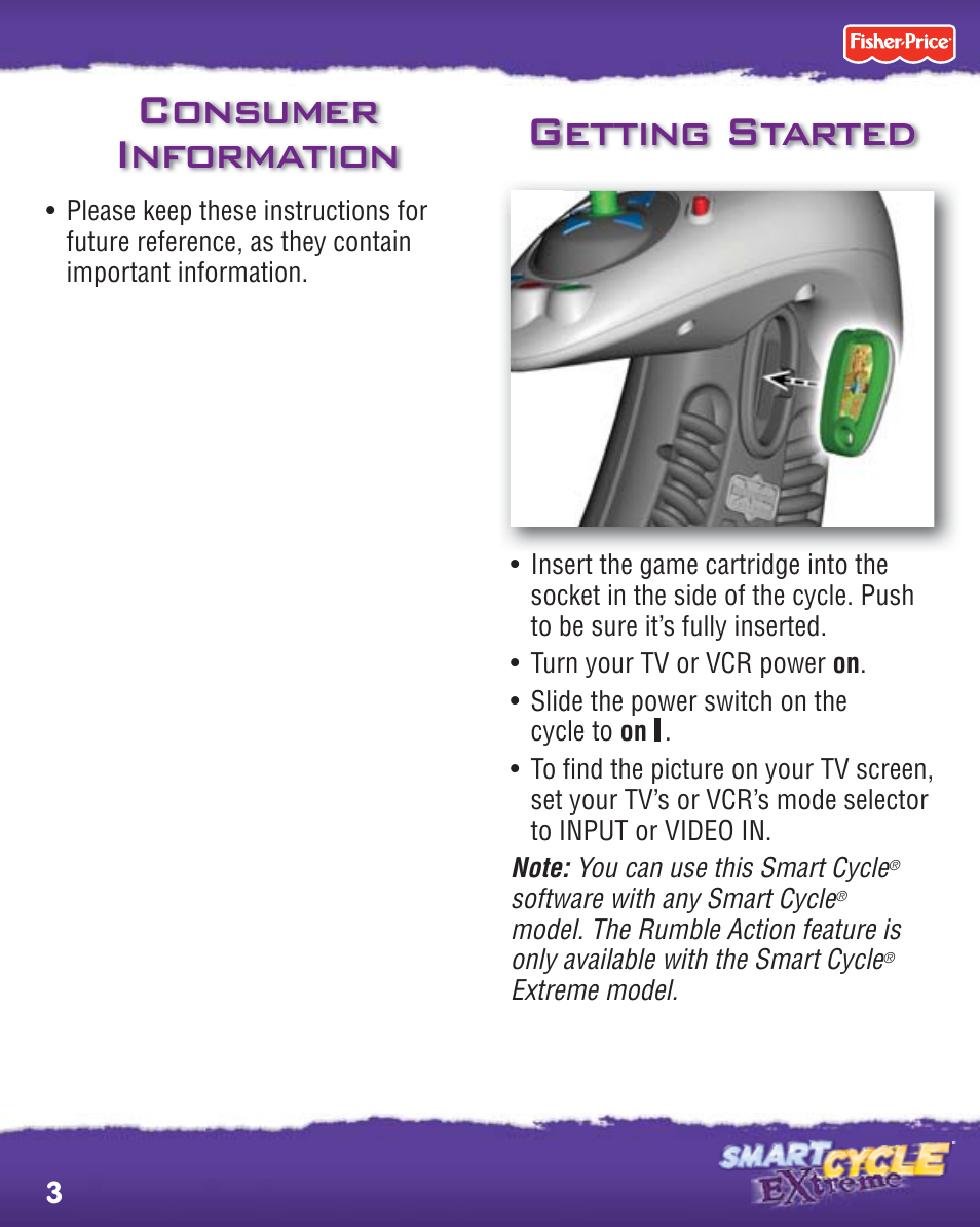 Getting started, Consumer information | Fisher-Price PHYSICAL LEARNING ARCADE SYSTEM R8127 User Manual | Page 3 / 16