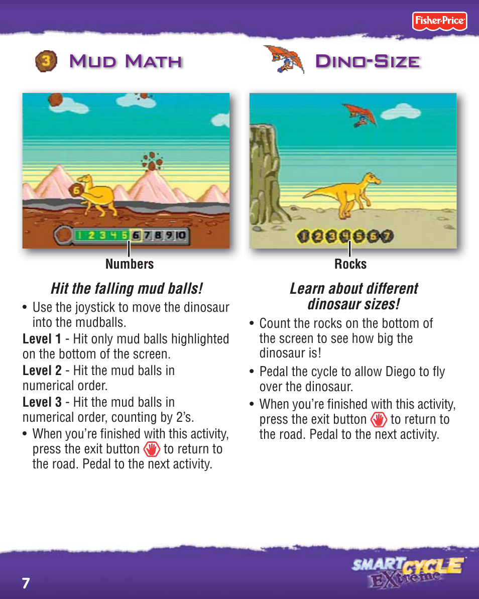 Mud math dino-size, Hit the falling mud balls, Learn about different dinosaur sizes | Fisher-Price PHYSICAL LEARNING ARCADE SYSTEM R8127 User Manual | Page 7 / 16