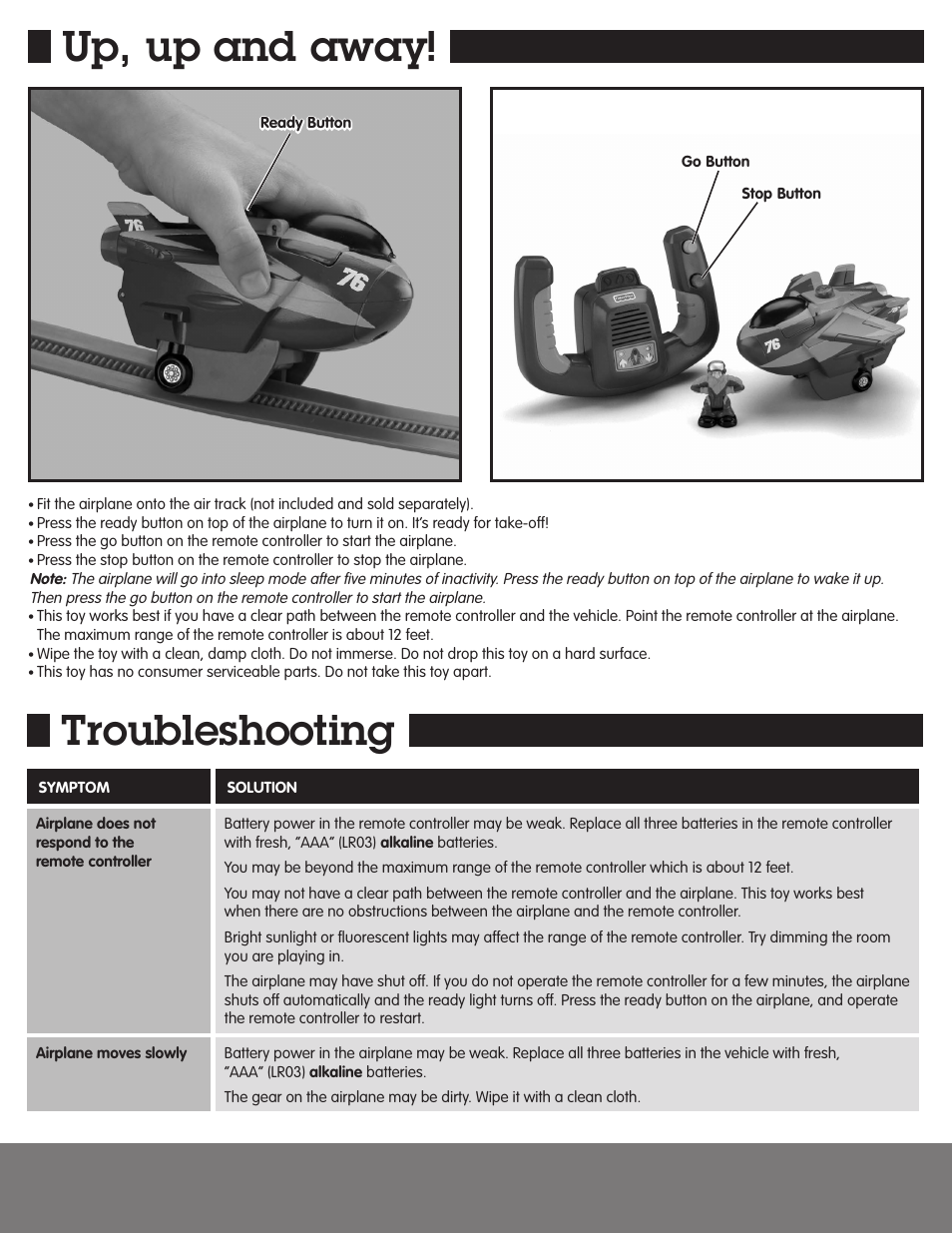 Up, up and away, Troubleshooting | Fisher-Price GEOTRAX N1251 User Manual | Page 3 / 4