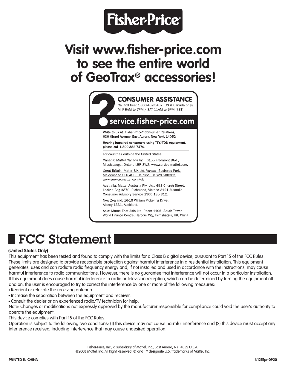Accessories, Fcc statement | Fisher-Price GEOTRAX N1251 User Manual | Page 4 / 4