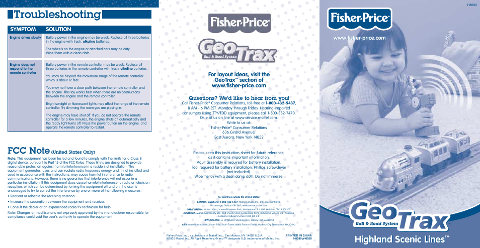 Fisher-Price GEOTRAX H8099 User Manual | 2 pages