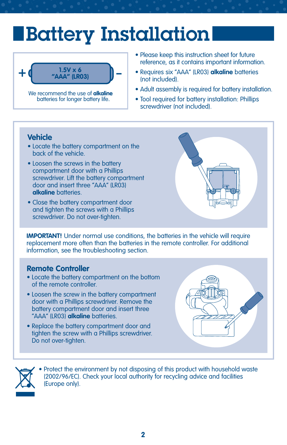Battery installation | Fisher-Price GEOTRAX M3236 User Manual | Page 2 / 6