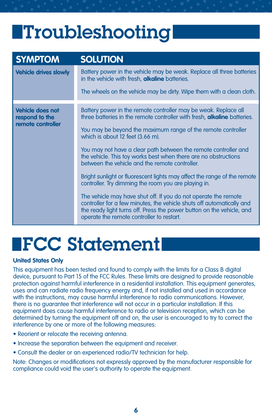Troubleshooting, Fcc statement, Symptom solution | Fisher-Price GEOTRAX M3236 User Manual | Page 6 / 6