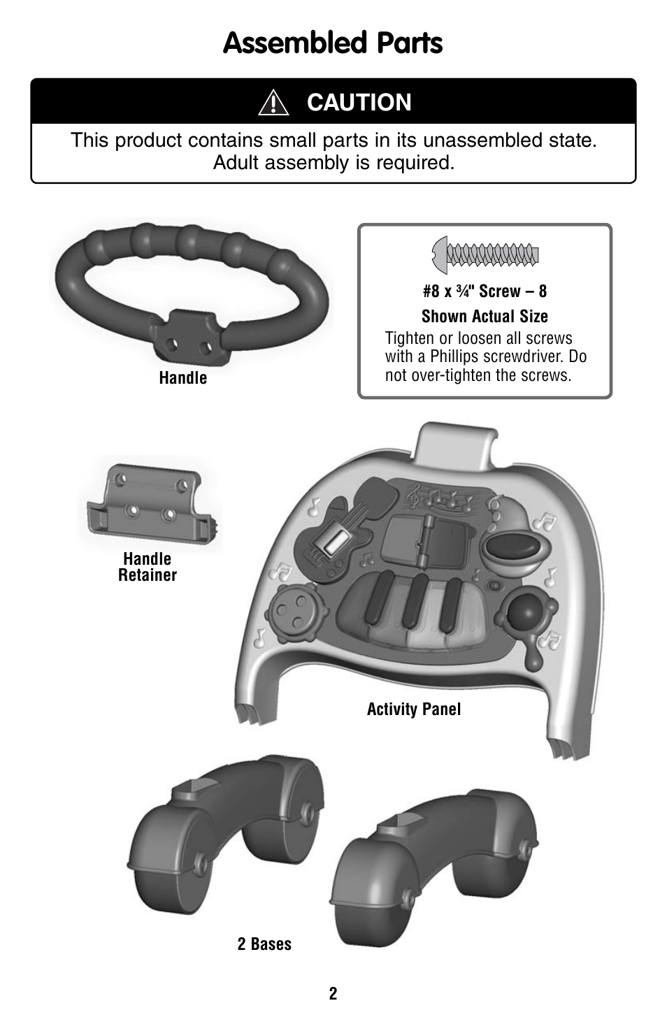 Assembled parts, Caution | Fisher-Price V3254 User Manual | Page 2 / 6
