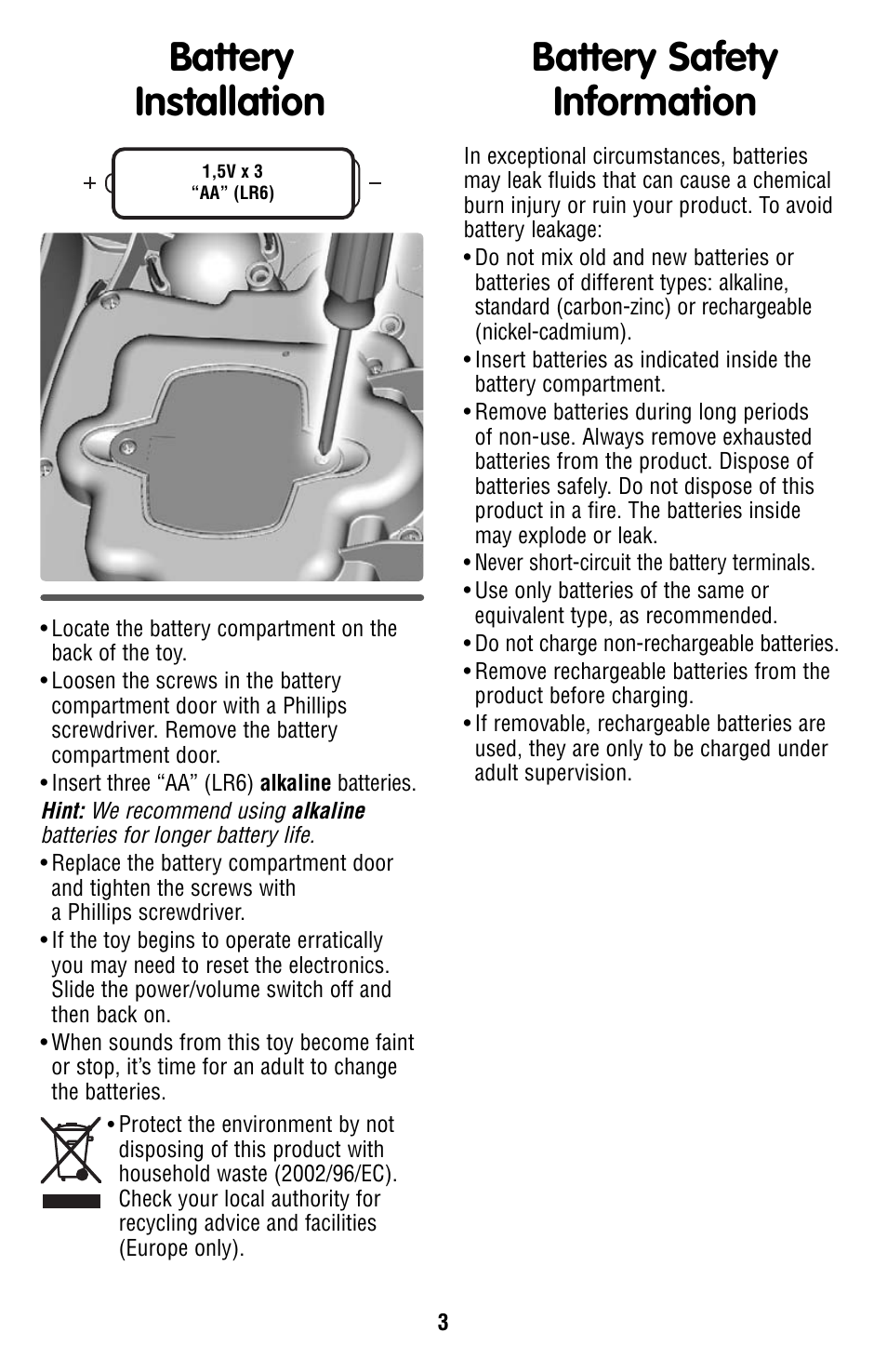 Battery installation, Battery safety information | Fisher-Price V3254 User Manual | Page 3 / 6