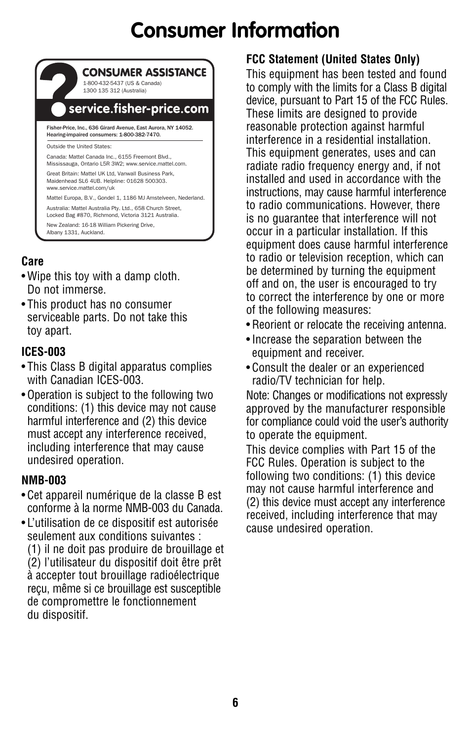 Consumer information | Fisher-Price V3254 User Manual | Page 6 / 6