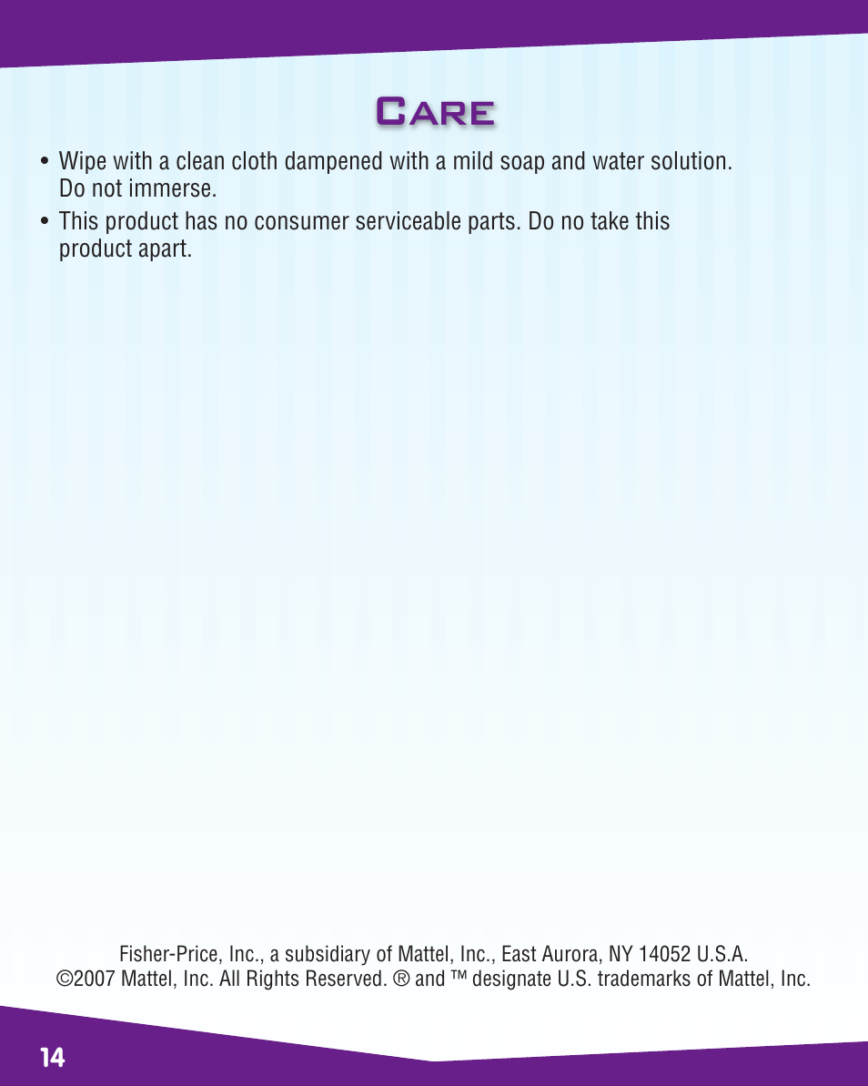 Care | Fisher-Price SMART CYCLE K6689 User Manual | Page 14 / 16