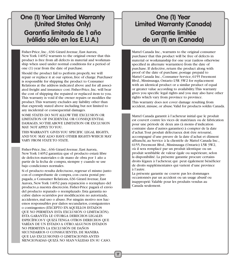 Fisher-Price TRANSMITTER/RECEIVER J1315 User Manual | Page 17 / 20
