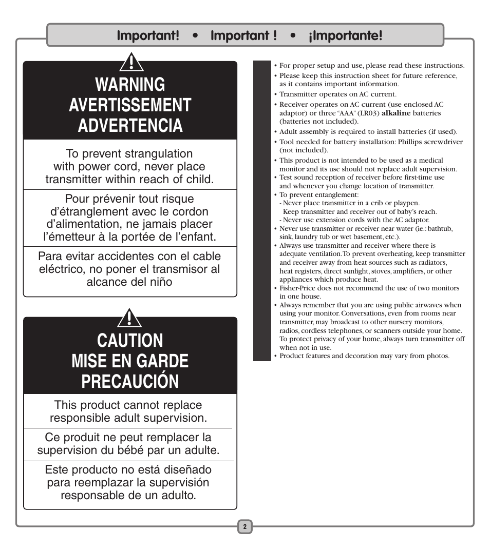 Important! • important ! • ¡importante | Fisher-Price TRANSMITTER/RECEIVER J1315 User Manual | Page 2 / 20