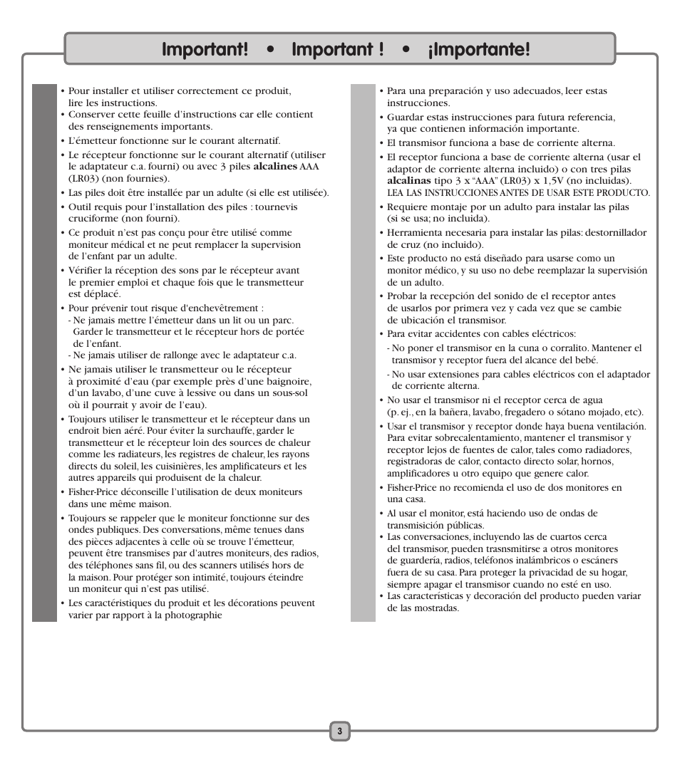 Important! • important ! • ¡importante | Fisher-Price TRANSMITTER/RECEIVER J1315 User Manual | Page 3 / 20