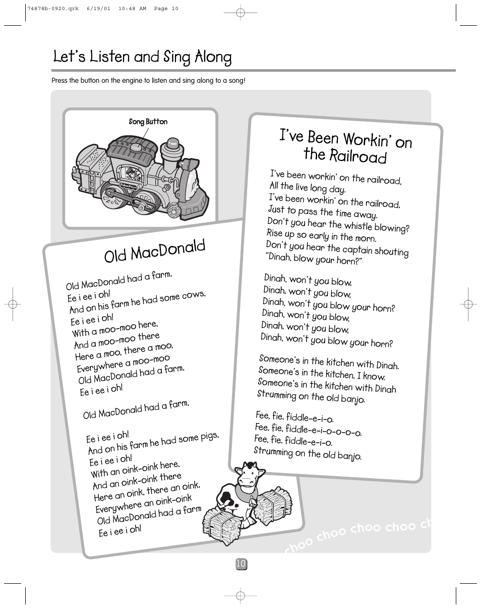Let’s listen and sing along, Old macdonald, I’ve been workin’ on the railroad | Oo ch oo cho o choo choo cho | Fisher-Price TOOTS THE TRAIN 74878 User Manual | Page 10 / 12