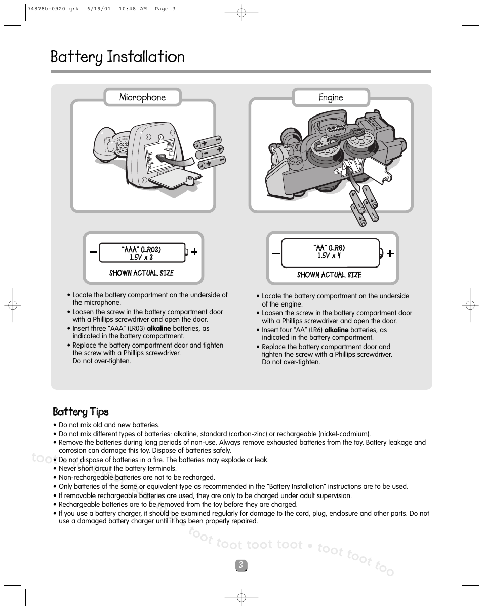 Battery installation | Fisher-Price TOOTS THE TRAIN 74878 User Manual | Page 3 / 12
