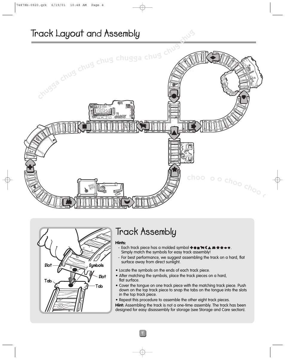 Track assembly, Track layout and assembly | Fisher-Price TOOTS THE TRAIN 74878 User Manual | Page 4 / 12