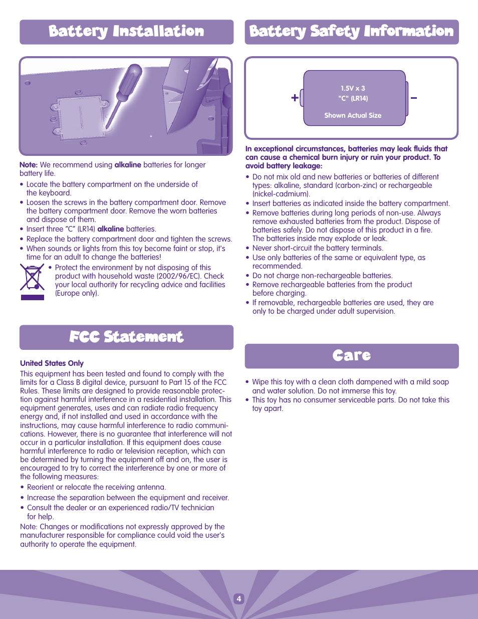 Battery installation, Battery safety information, C a r e | Fcc statement | Fisher-Price FUN2LEARN J6870 User Manual | Page 3 / 8