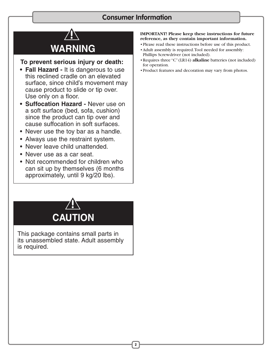 Warning, Caution | Fisher-Price M2055 User Manual | Page 2 / 12