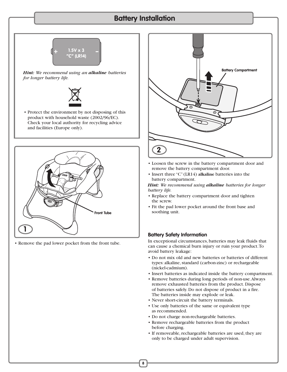 Battery installation | Fisher-Price M2055 User Manual | Page 8 / 12