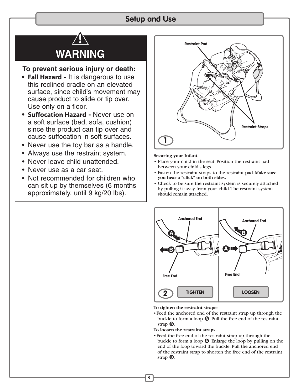 Warning, Setup and use | Fisher-Price M2055 User Manual | Page 9 / 12