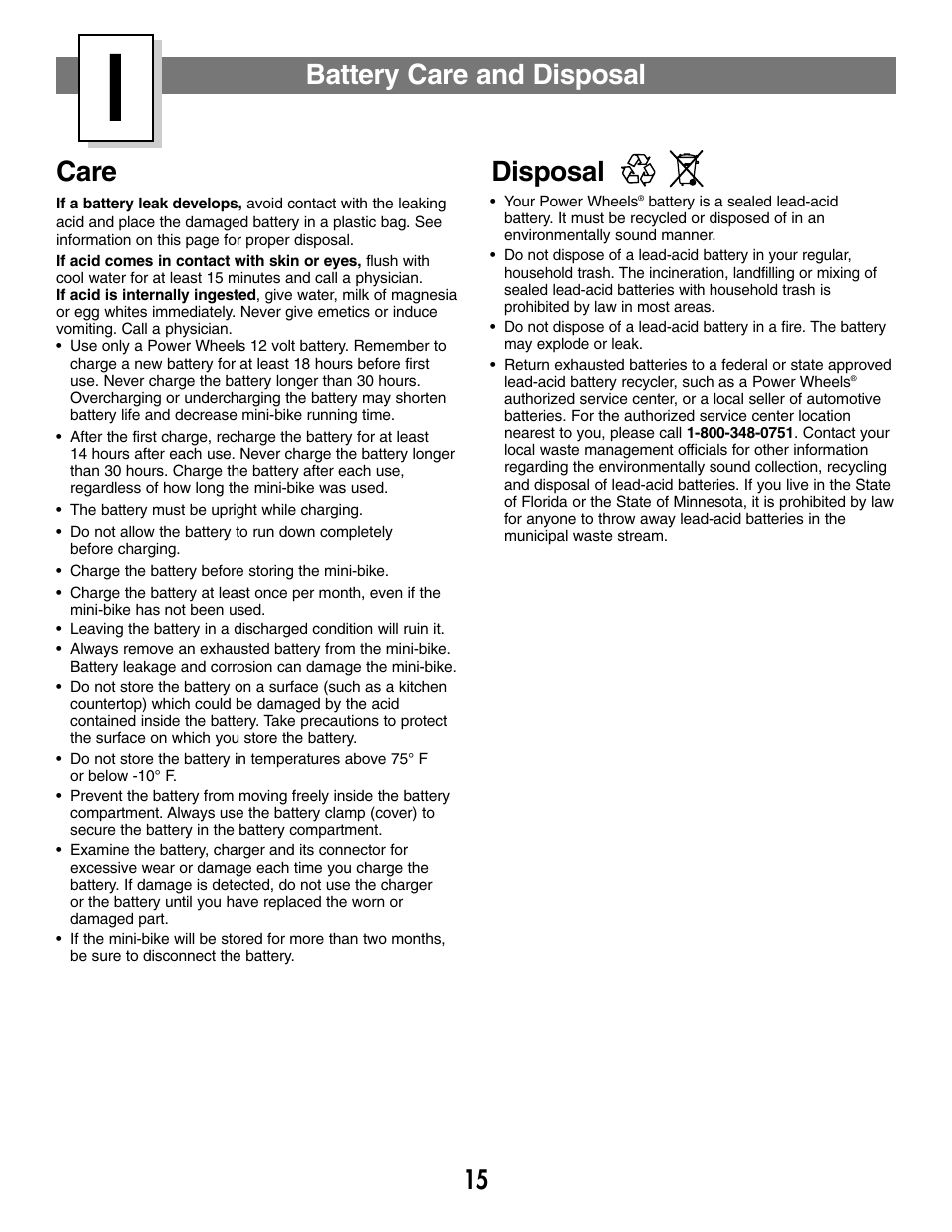 Battery care and disposal, Care, Disposal | Fisher-Price MX3 73535 User Manual | Page 15 / 28