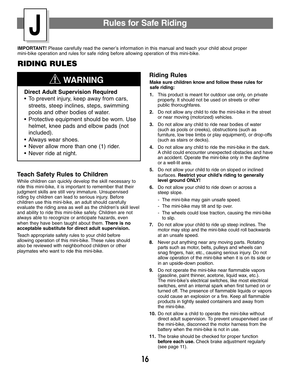 Rules for safe riding, Warning, Riding rules | Fisher-Price MX3 73535 User Manual | Page 16 / 28