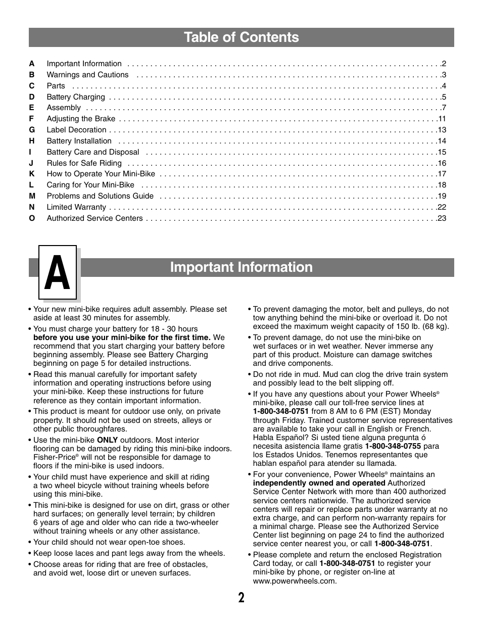 Table of contents important information | Fisher-Price MX3 73535 User Manual | Page 2 / 28