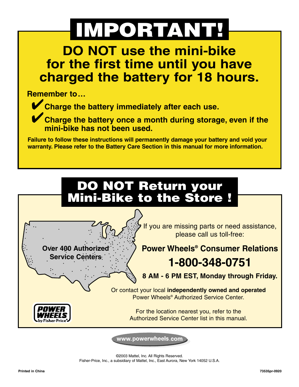 Important, Do not return your mini-bike to the store | Fisher-Price MX3 73535 User Manual | Page 28 / 28