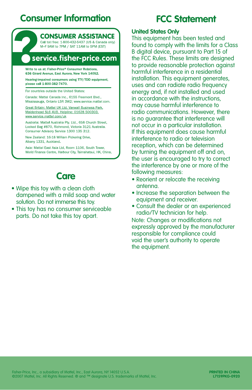Care, Consumer information, Fcc statement | Fisher-Price AMAZING ANIMALS L7159 User Manual | Page 4 / 4