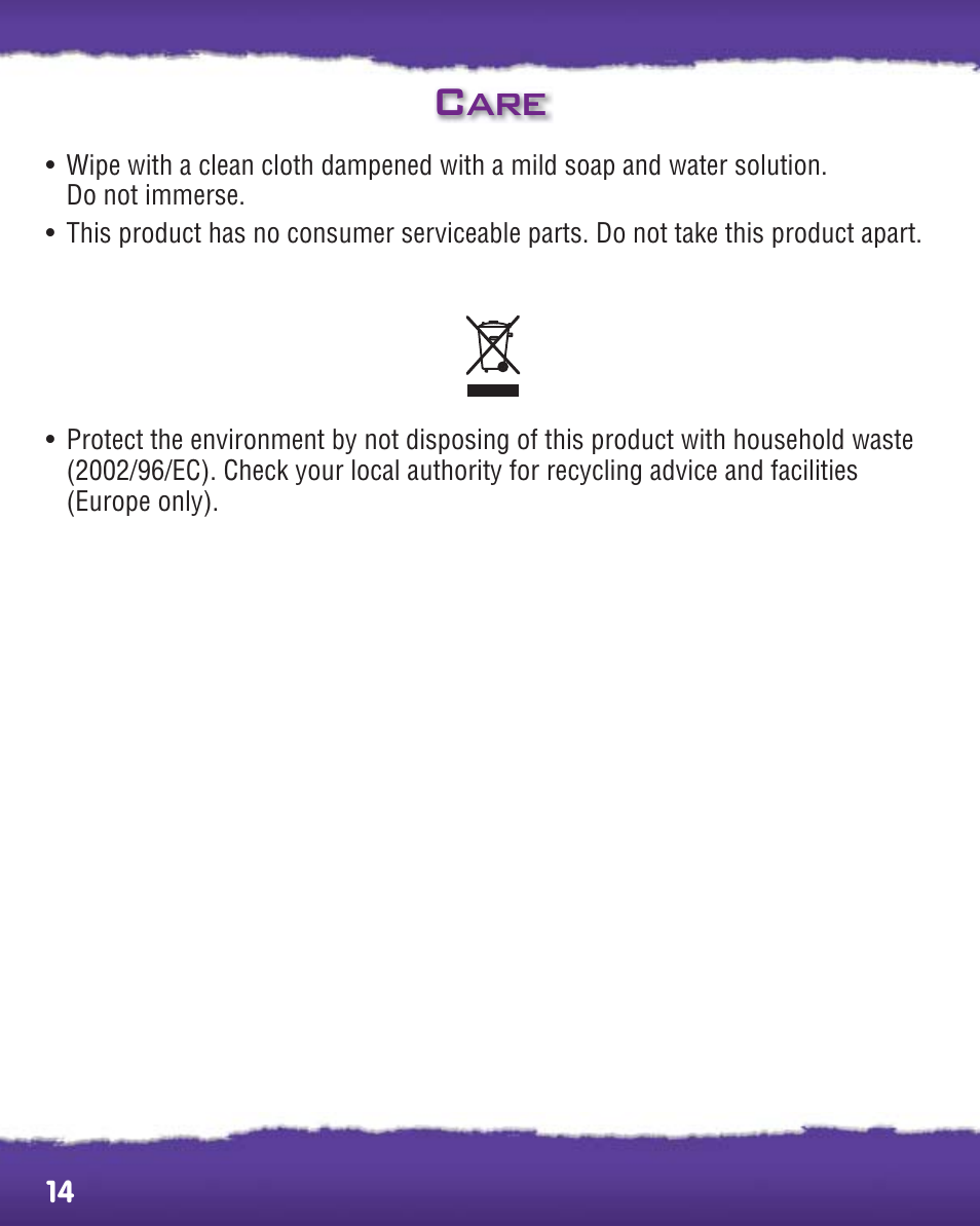 Care | Fisher-Price SMART CYCLE EXTREME R2764 User Manual | Page 14 / 16