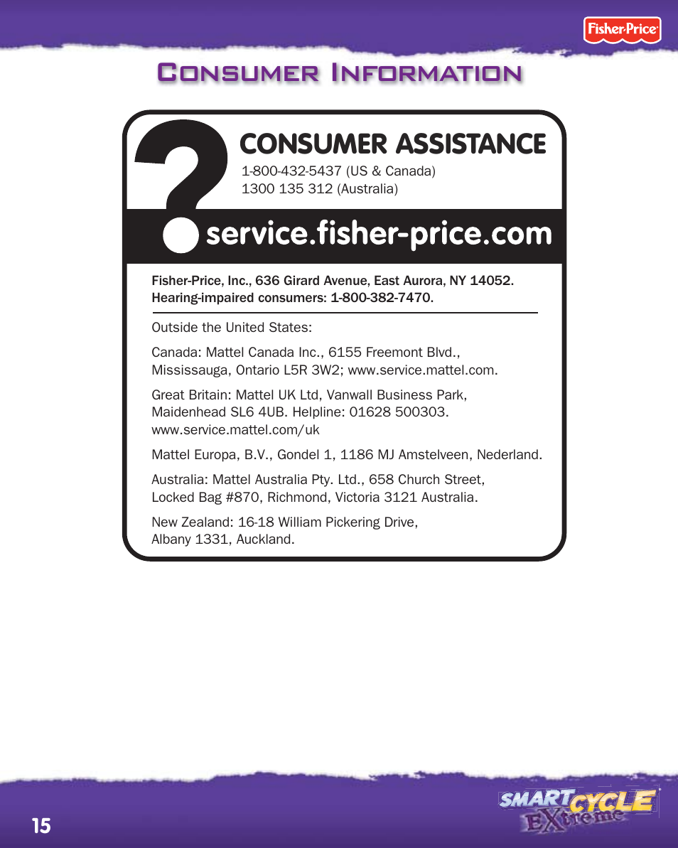 Consumer information, Consumer assistance | Fisher-Price SMART CYCLE EXTREME R2764 User Manual | Page 15 / 16