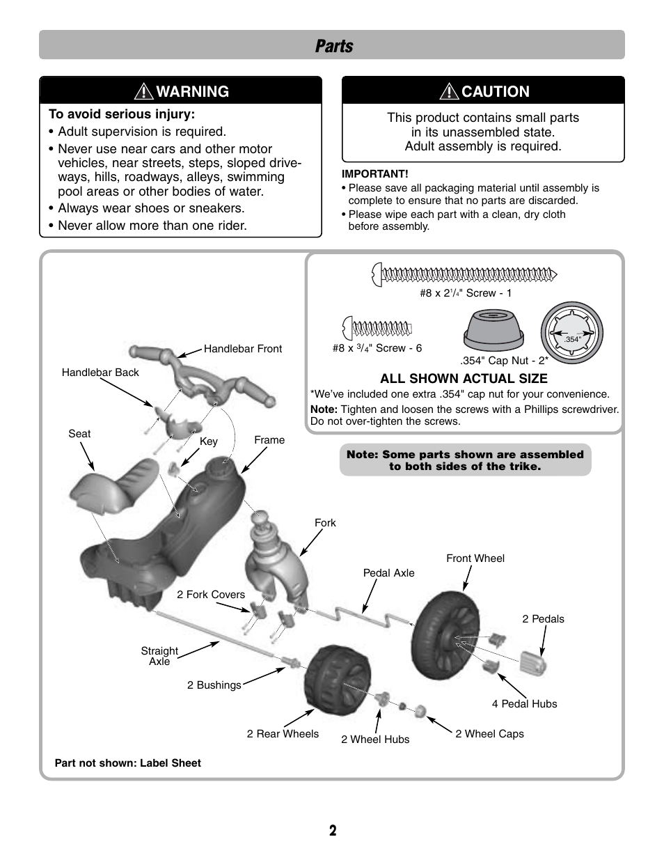 Parts, Warning caution | Fisher-Price B8776 User Manual | Page 2 / 6