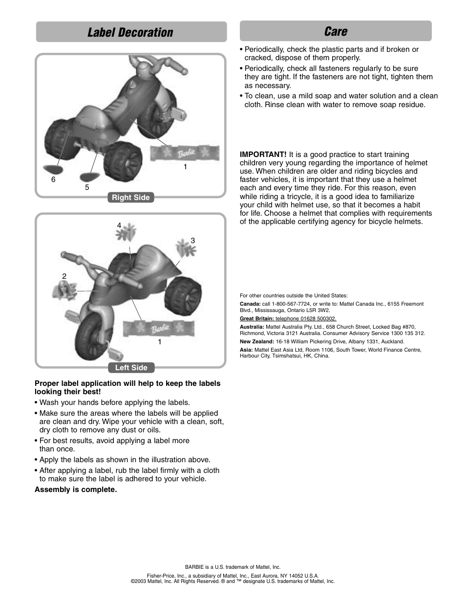 Label decoration, Care | Fisher-Price B8776 User Manual | Page 6 / 6